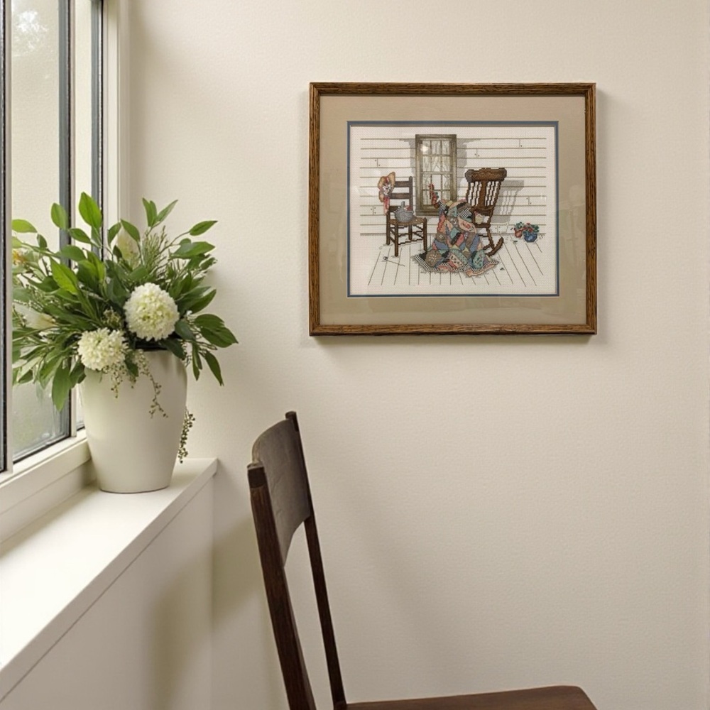 Vintage 80’s Aunt Verdi’s Porch Cross Stitch - Paula Vaughan Design #448 Framed